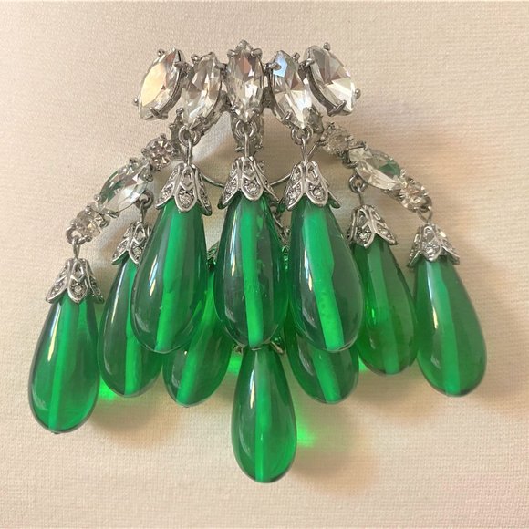 Exquisite Tear Drop Green Glass, Silver Tone Crystal Rhinestones Pin Brooch - Picture 5 of 5